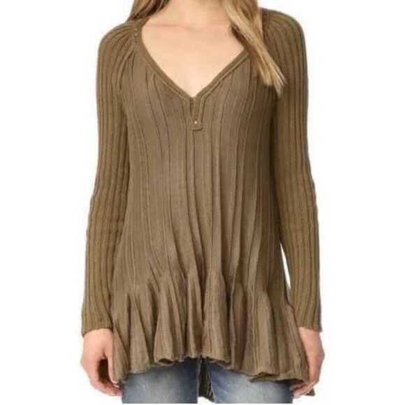 Free People Ribs & Ruffles Mini Tunic Dress Women Small Olive Granolagirl Boho - Picture 11 of 11